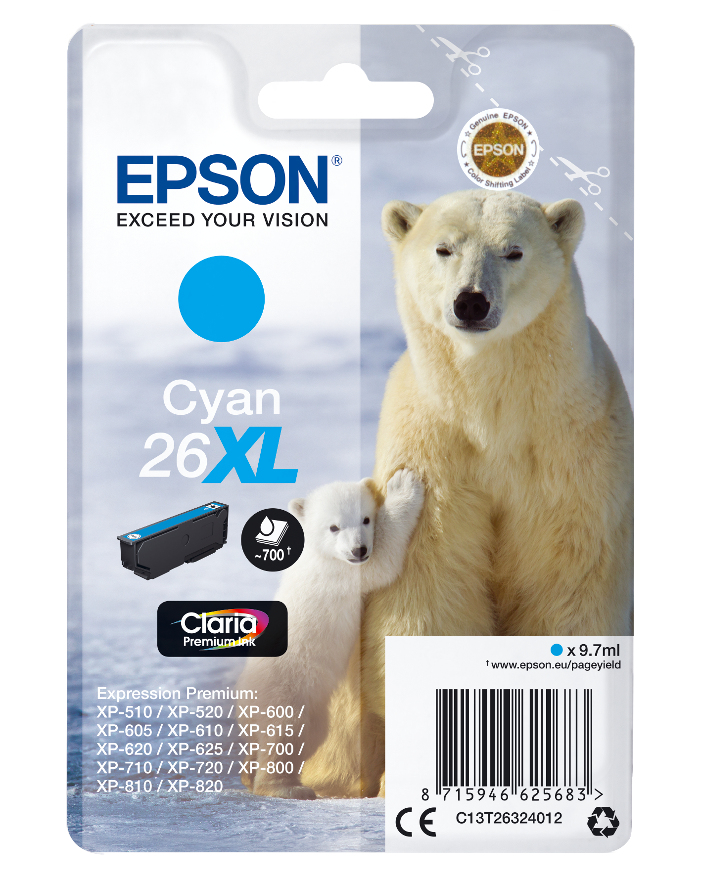 26XL Polar bear Claria Premium Single Cyan Ink