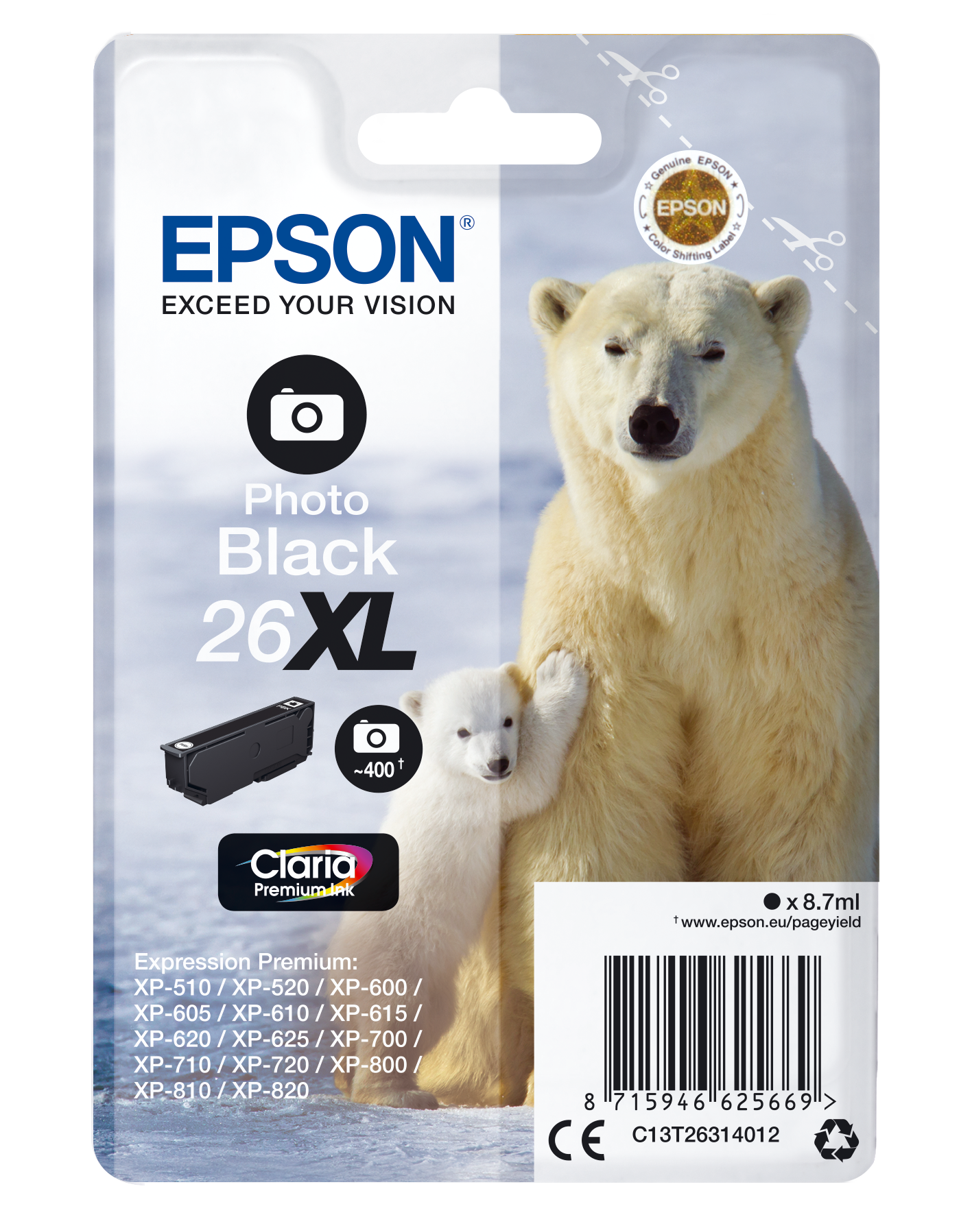 26XL Polar bear Claria Premium Single Photo Black Ink