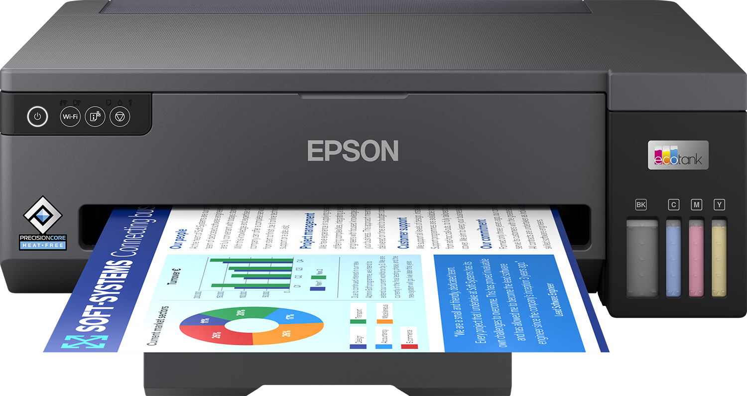 Epson EcoTank L11050 printer with color ink tanks printing a document showcasing graphs and charts.