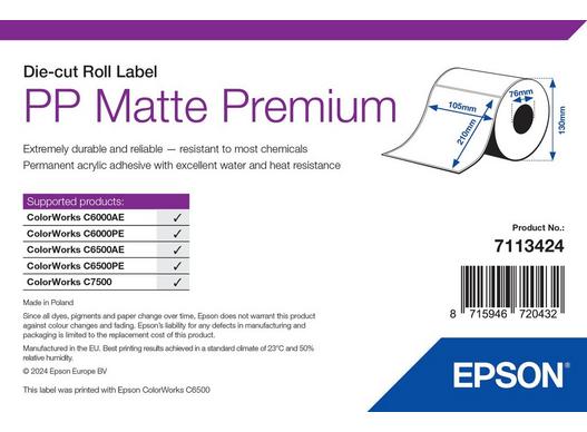 Epson PP Matte Label Premium, Die-cut Roll, 105mm x 210mm, 259 Labels