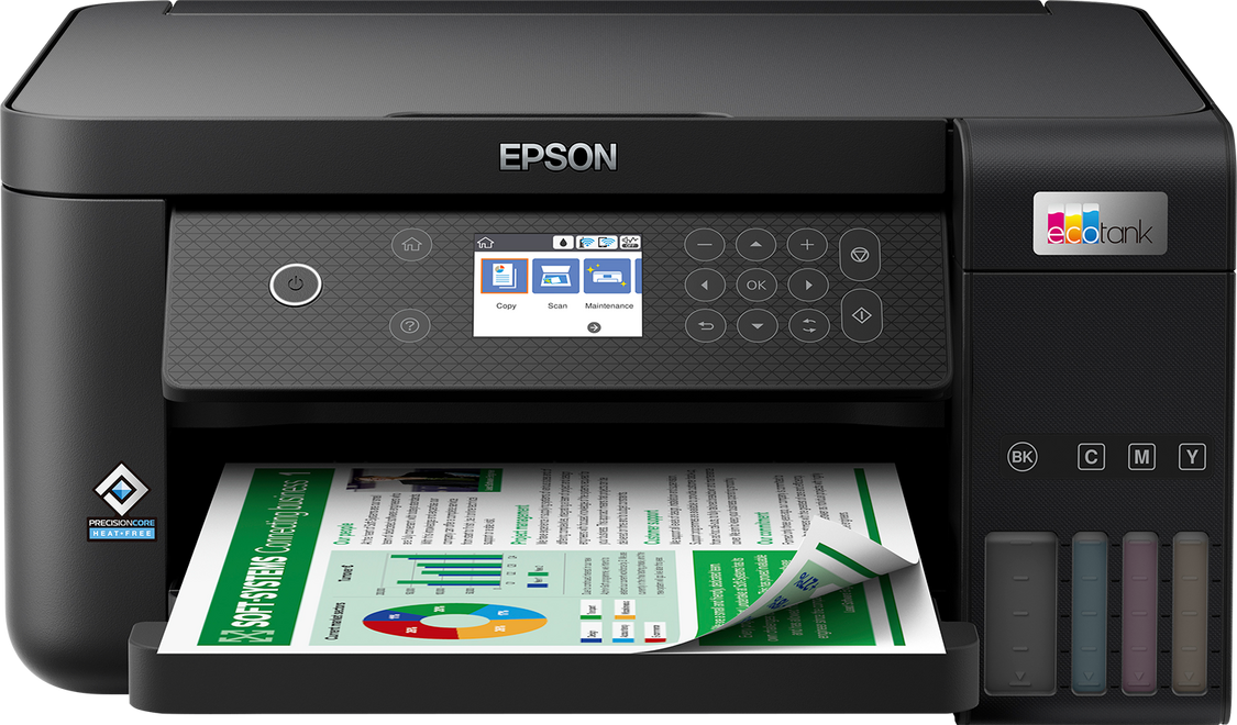 Epson EcoTank L6260 printer with control panel and printed documents visible in front.