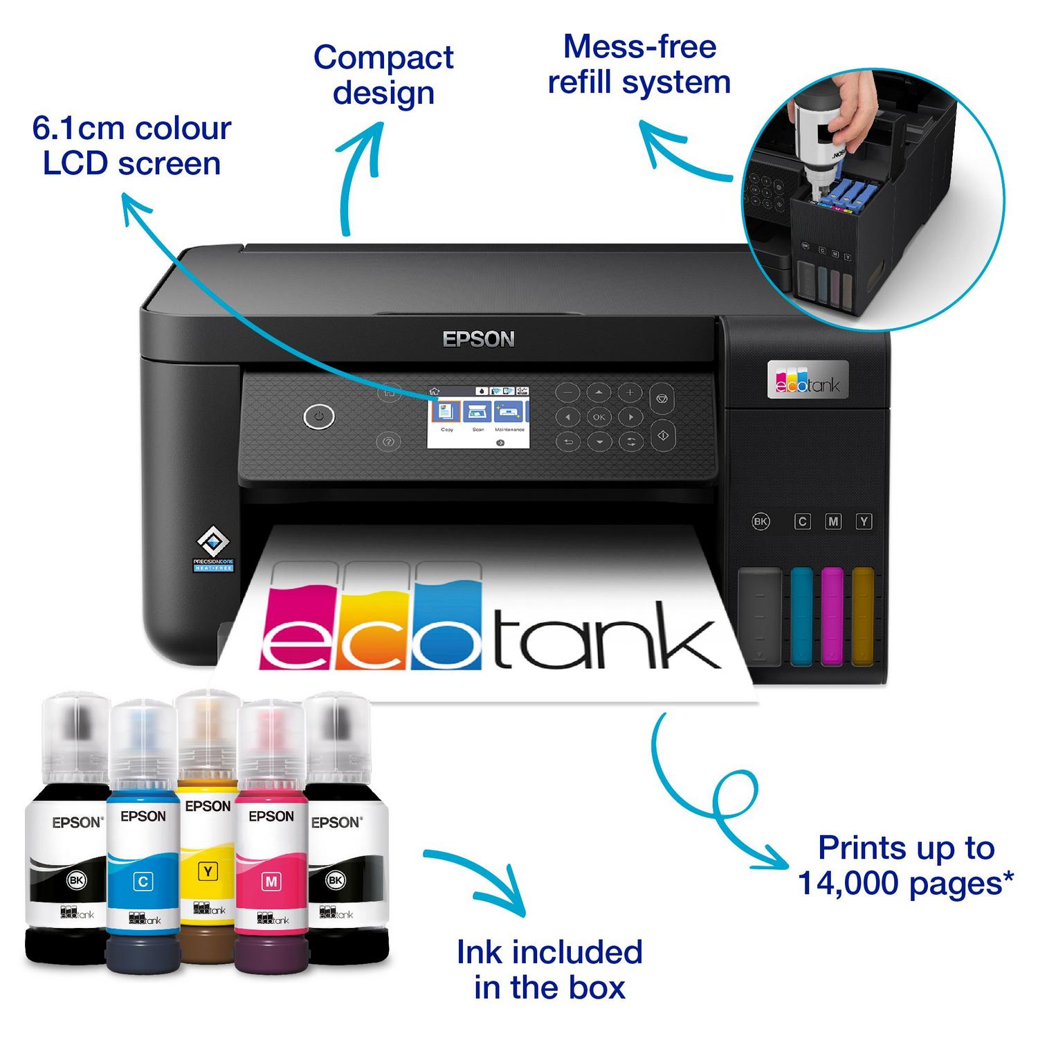 Epson EcoTank L6260 printer with LCD screen, refill system, and ink bottles included, prints up to 14,000 pages.