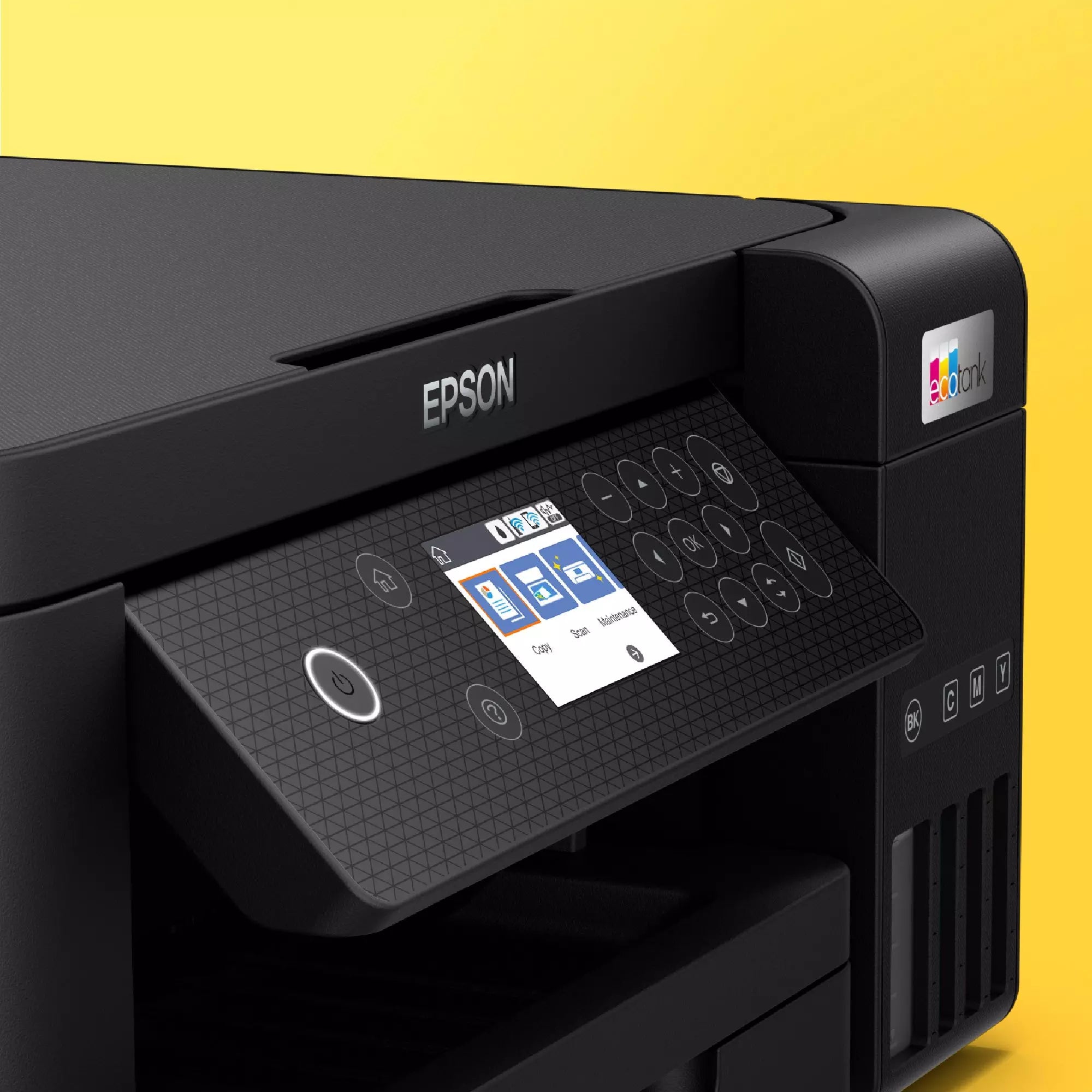 Close-up of the Epson EcoTank L6260 printer control panel with a vibrant yellow background.