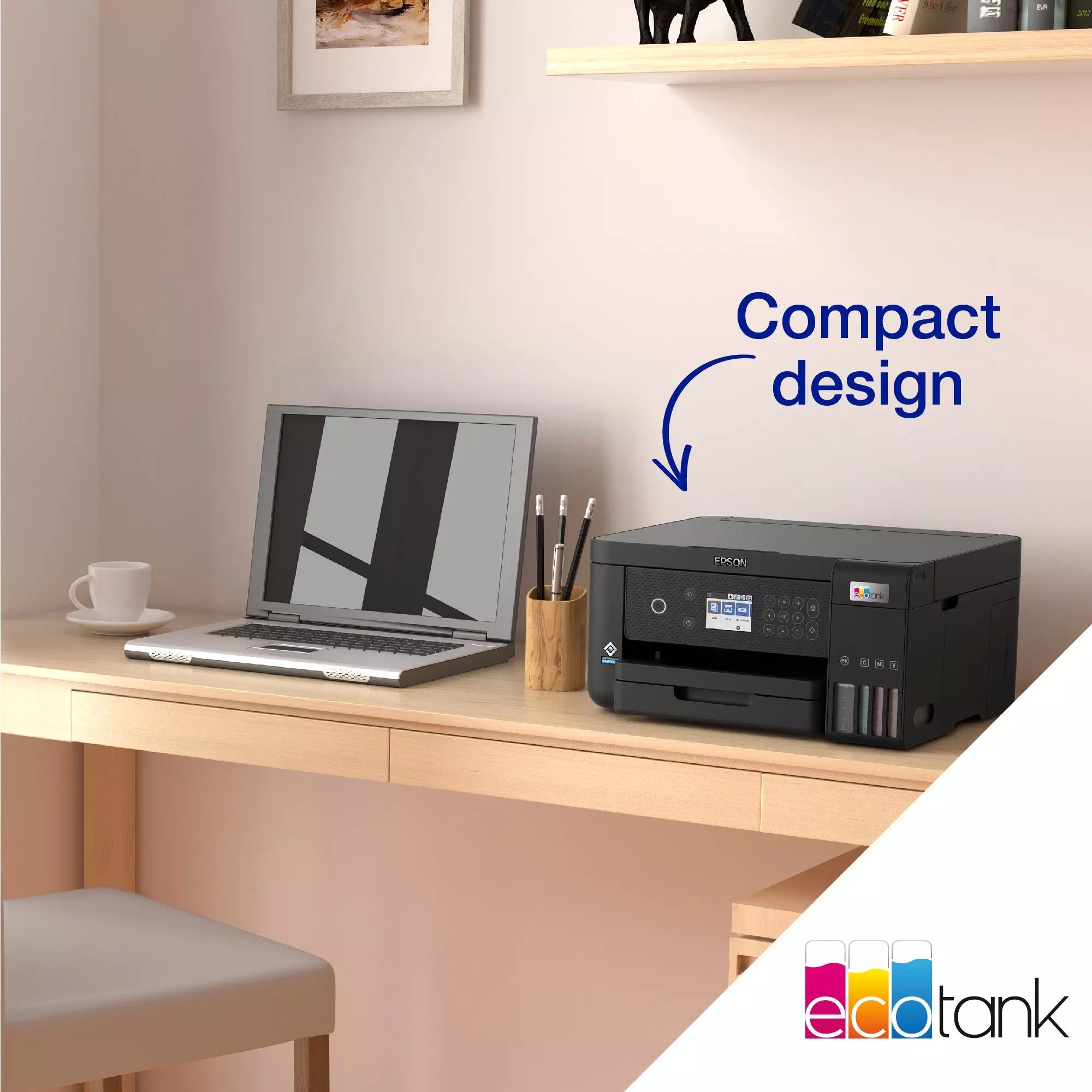 Epson EcoTank L6260 printer showcased in a workspace with a compact design, next to a laptop and stationery.