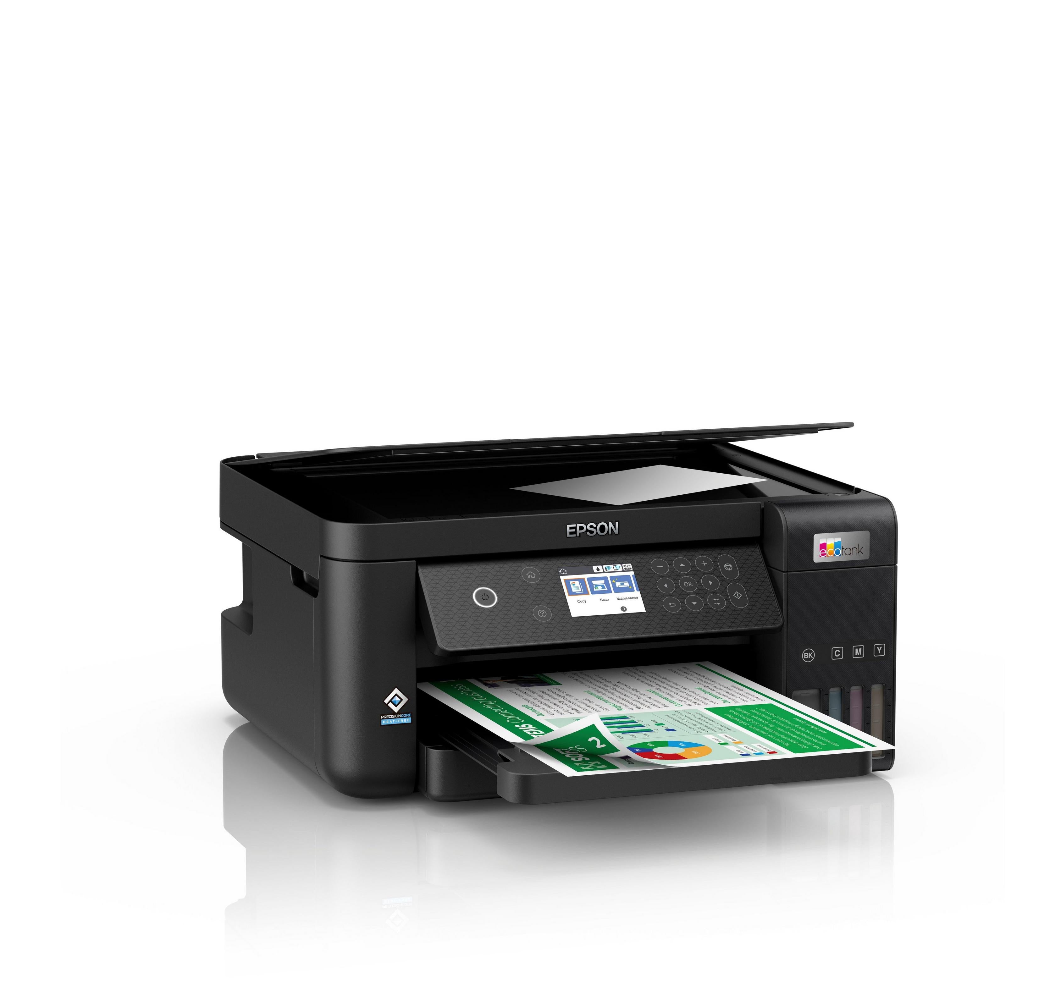 Epson EcoTank L6260 printer printing documents with vibrant colors and detailed graphics.