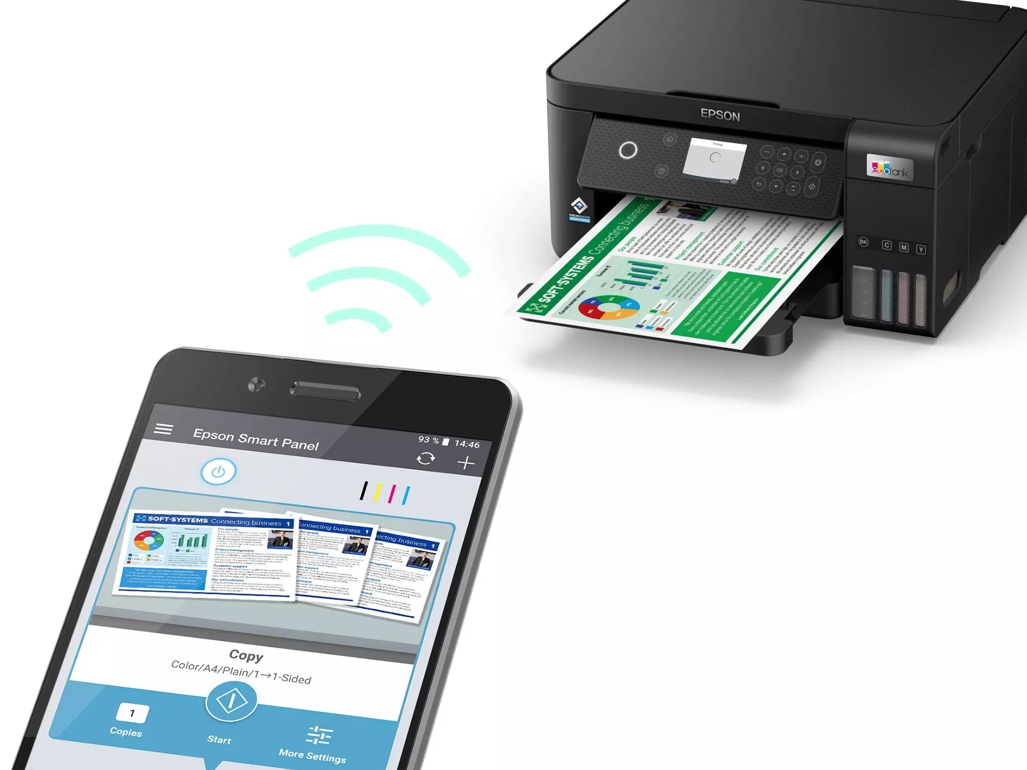 Epson EcoTank L6260 printer with mobile app for wireless printing, displaying printed documents and connection indicator.