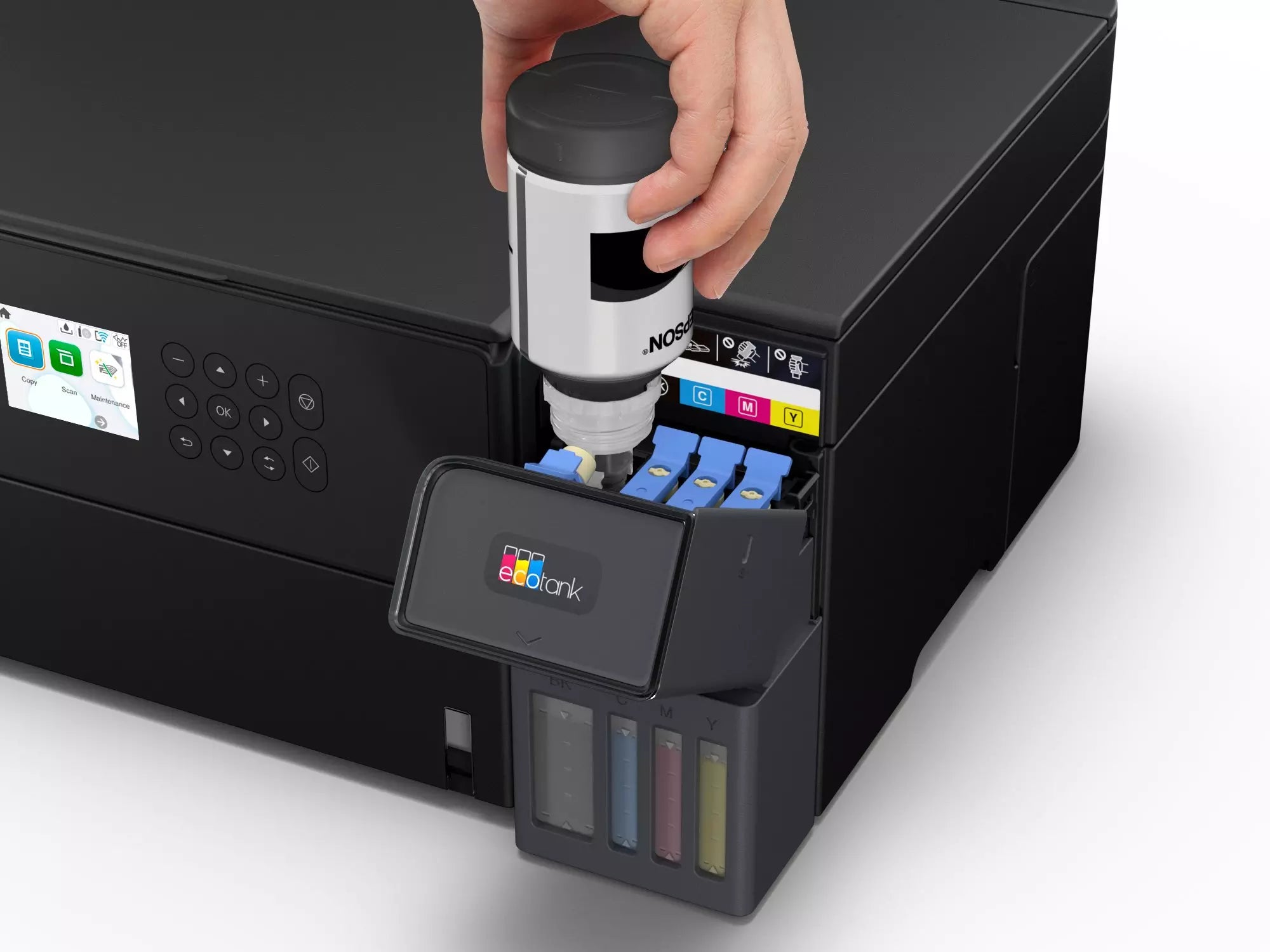 User filling ink bottles into Epson EcoTank L6360 inkjet printer, demonstrating easy refilling process.