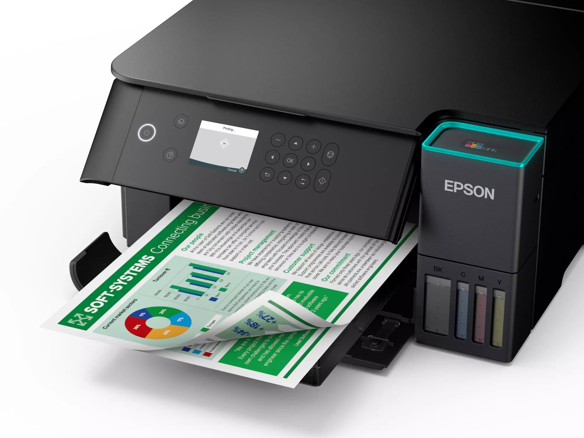 Epson EcoTank L6360 inkjet printer with printed document displaying charts and graphs.