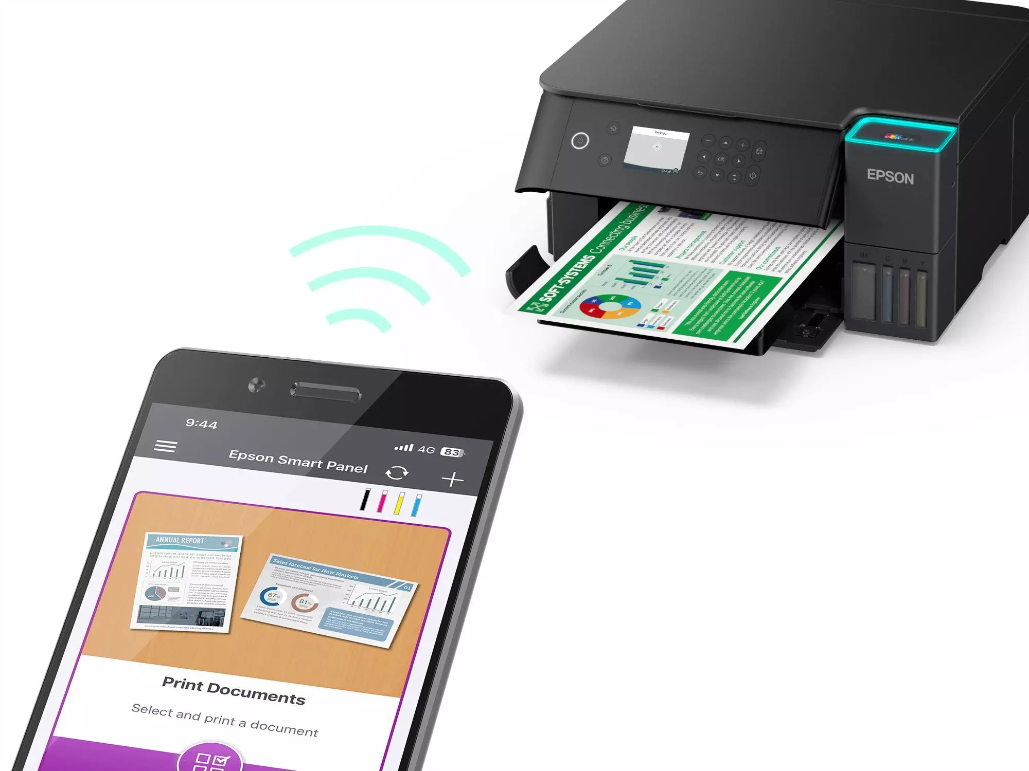 Epson EcoTank L6360 inkjet printer with mobile printing feature and printed documents.