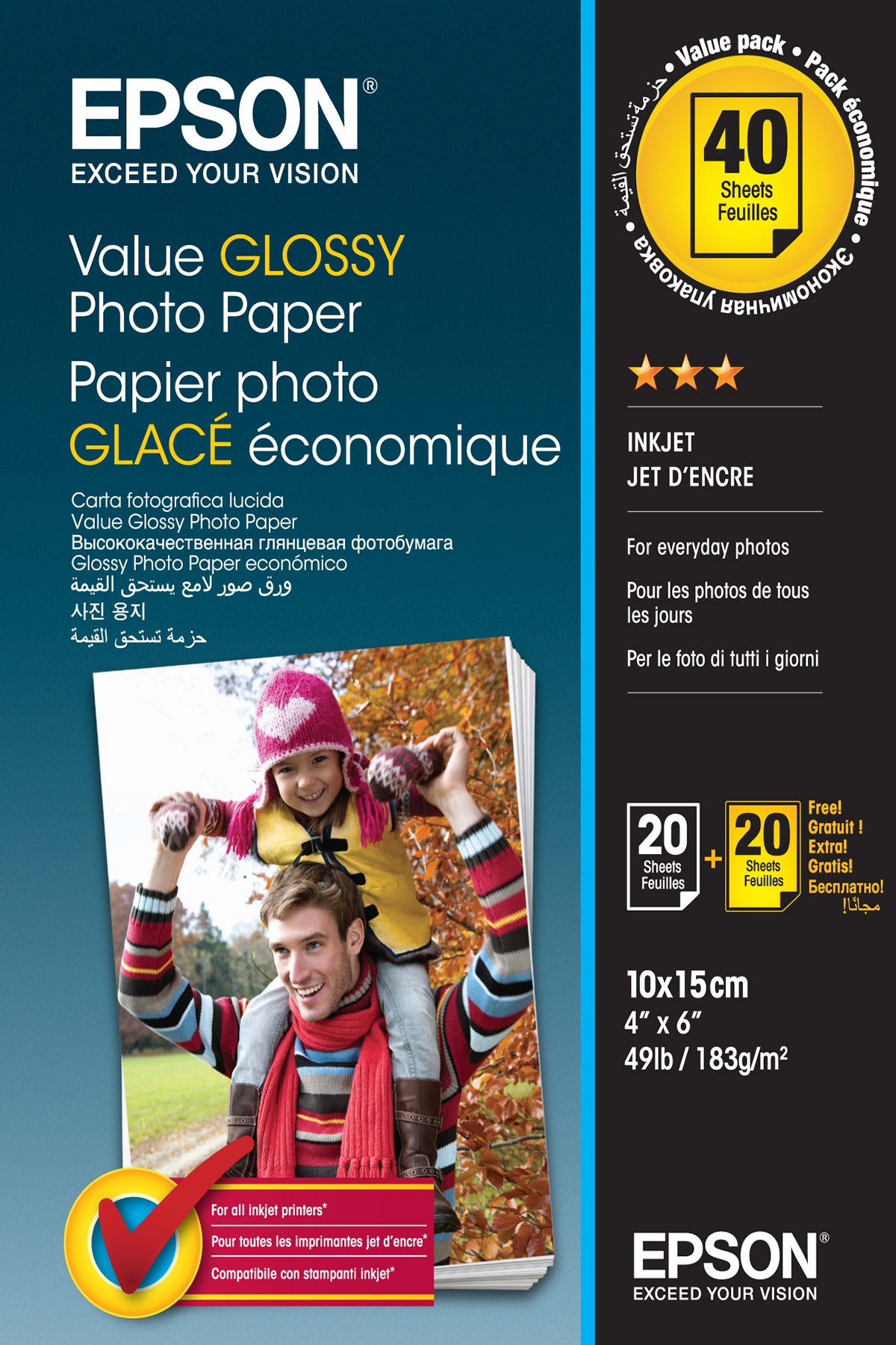 Epson Value Glossy Photo Paper - 10x15cm, 183g/m² - 2x 20 sheets (BOGOF)
