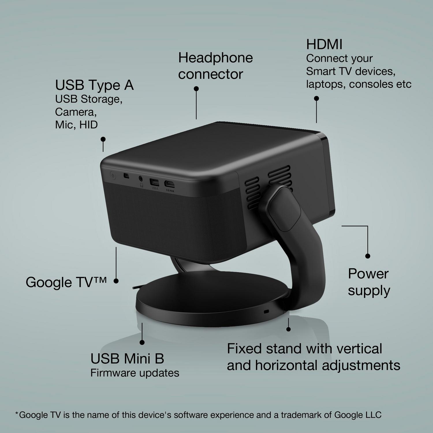 Epson EF-22B, Mini Laser Projector, 1,000 Lumens, Up To 150 Inch Display, Google TV™ and Bluetooth Speaker, Portable, Fixed Stand