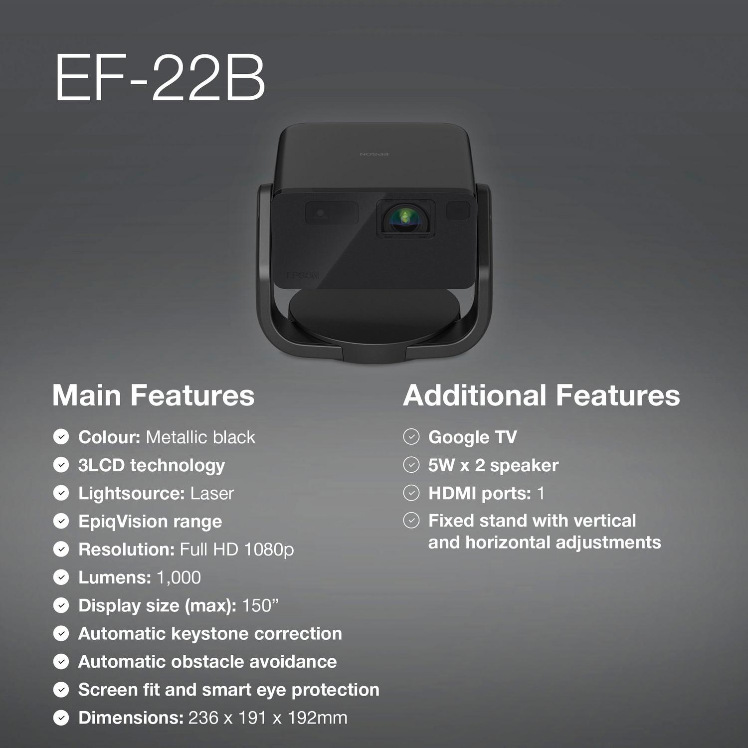 Epson EF-22B, Mini Laser Projector, 1,000 Lumens, Up To 150 Inch Display, Google TV™ and Bluetooth Speaker, Portable, Fixed Stand
