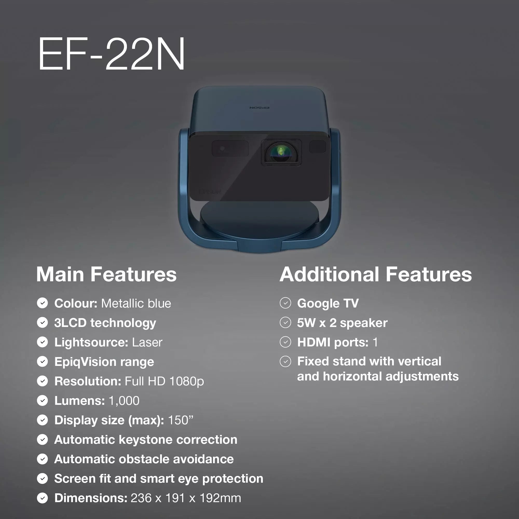 Epson EF-22N, Mini Laser Projector, 1,000 Lumens, Up To 150 Inch Display, Google TV™ and Bluetooth Speaker, Portable, Fixed Stand
