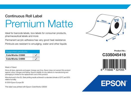 Epson Premium Matte Label - Continuous Roll: 76mm x 35m
