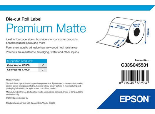 Epson Premium Matte Label - Die-cut Roll: 102mm x 51mm, 650 labels