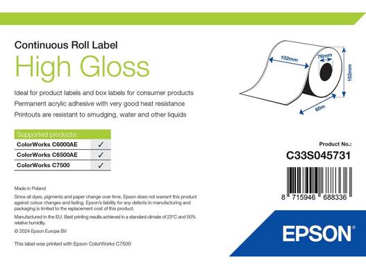 Epson High Gloss Label - Continuous Roll: 102mm x 58m
