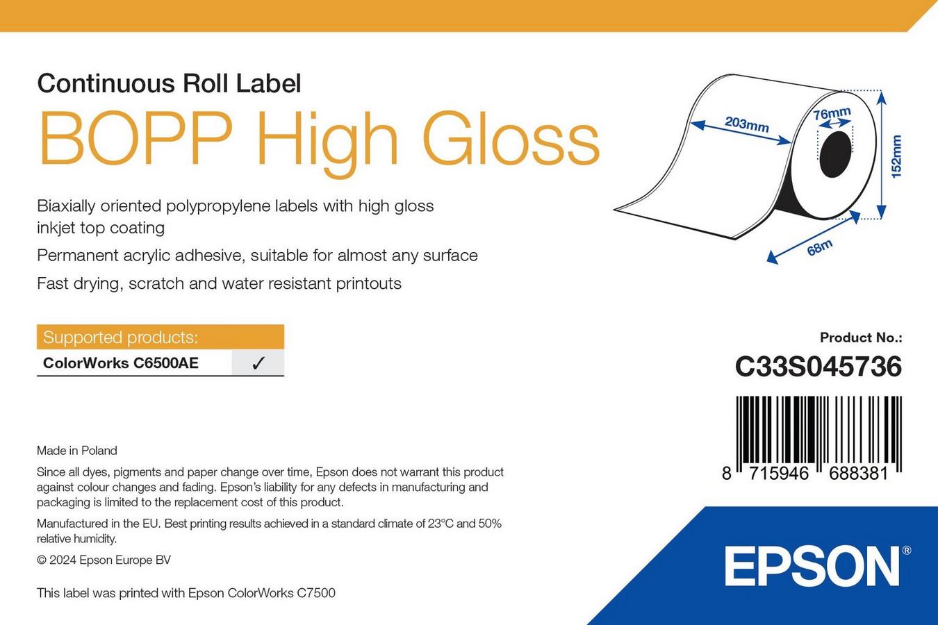 Epson BOPP High Gloss Label - Continuous Roll: 203mm x 68m
