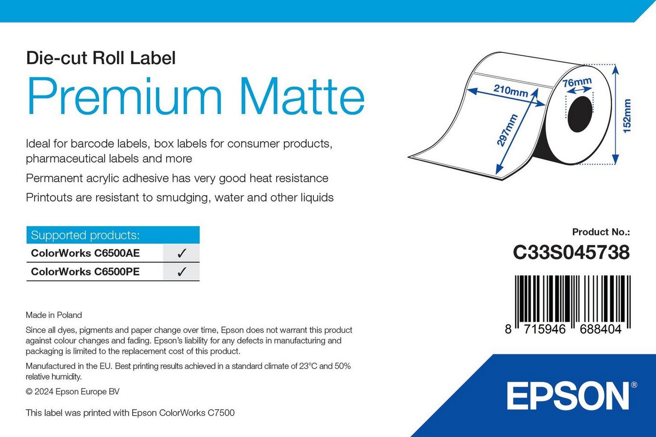 Epson Premium Matte Label - Die Cut Roll: 210mm x 297mm, 200 labels