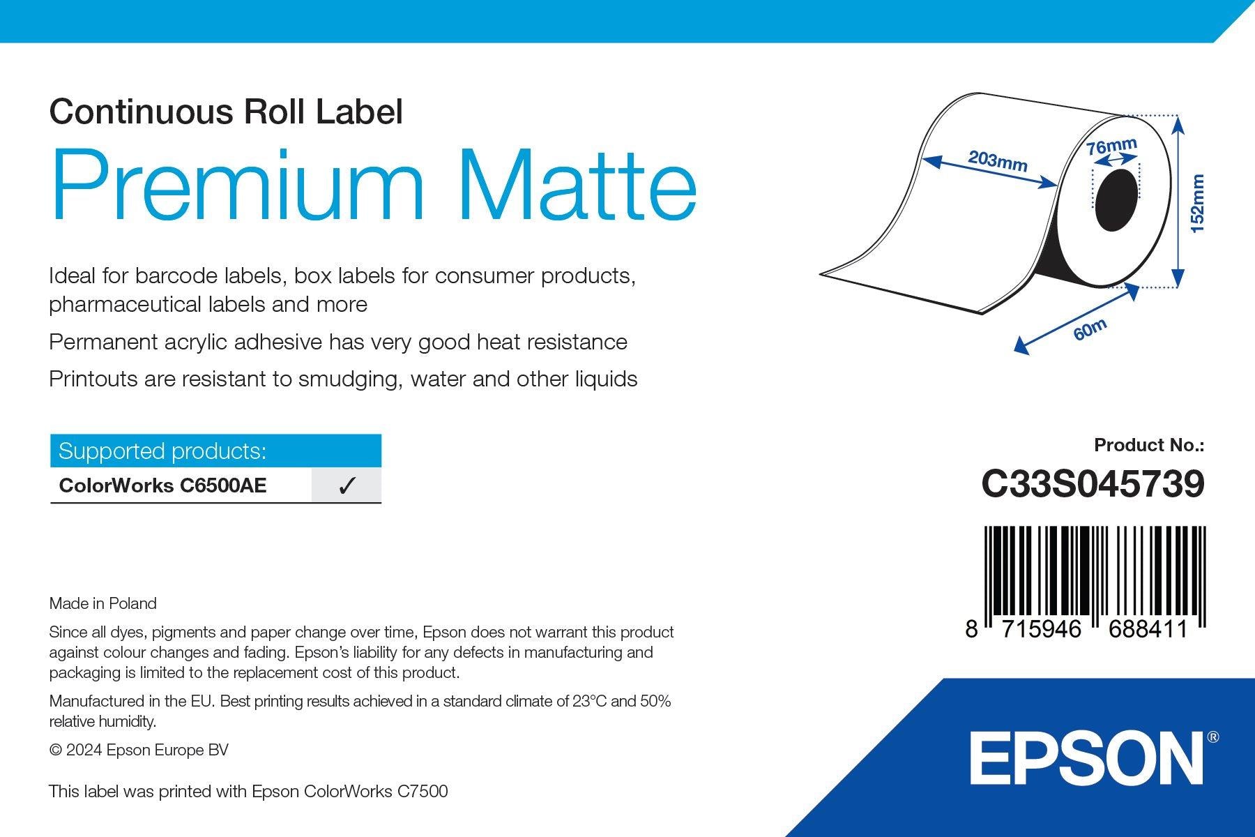 Epson Premium Matte Label - Continuous Roll: 203mm x 60m