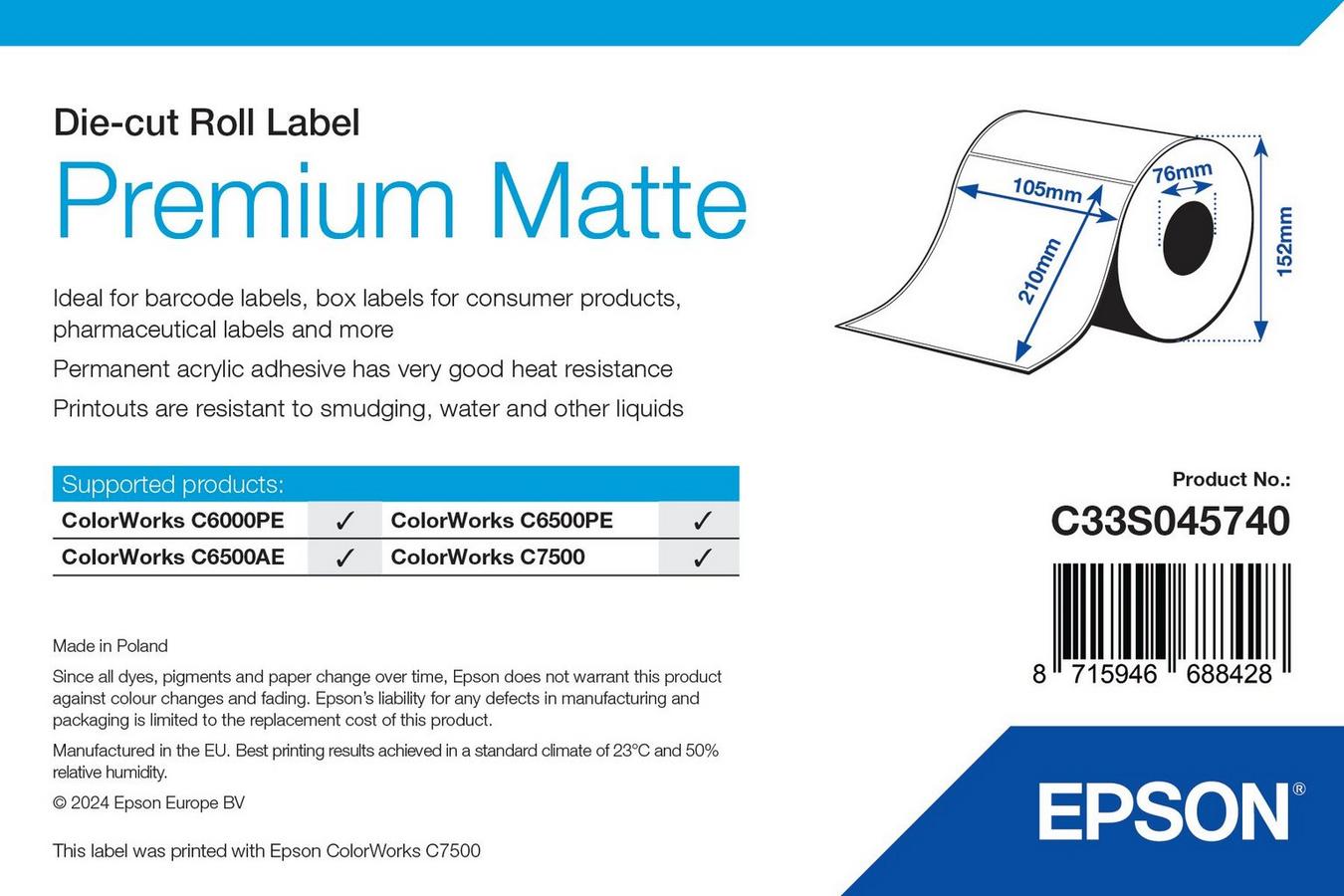 Epson Premium Matte Label - Die-Cut Roll: 105mm x 210mm, 282 labels