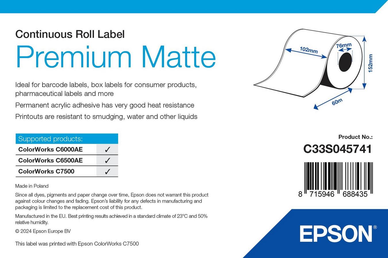 Epson Premium Matte Label - Continuous Roll: 102mm x 60m