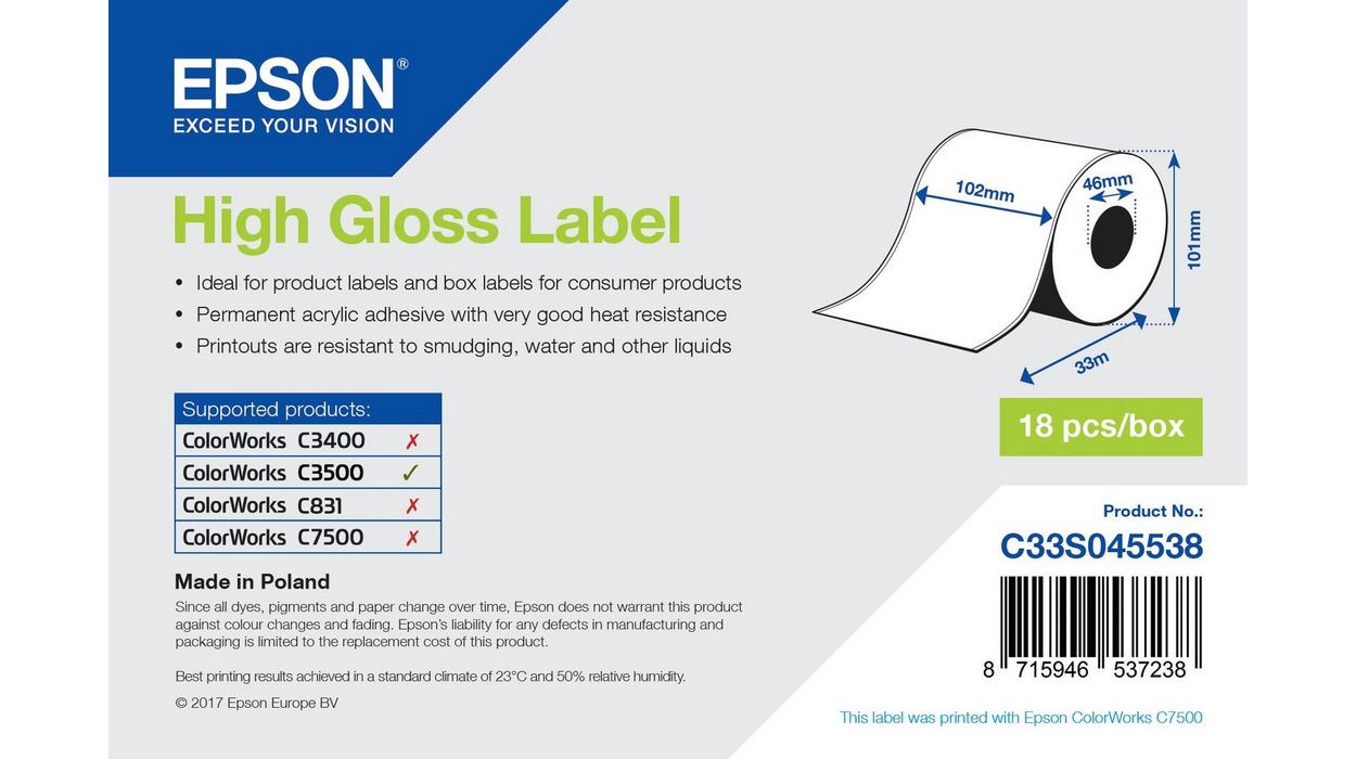 Epson High Gloss Label - Continuous Roll: 102mm x 33m