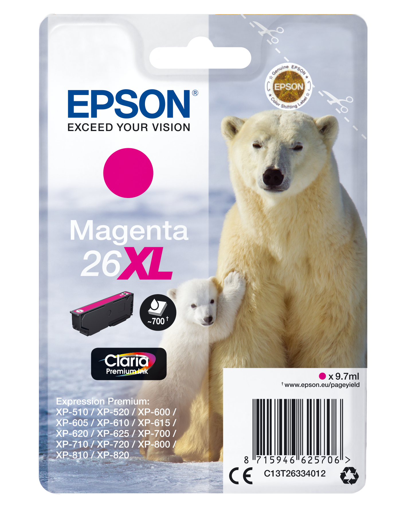 26XL Polar bear Claria Premium Single Magenta Ink