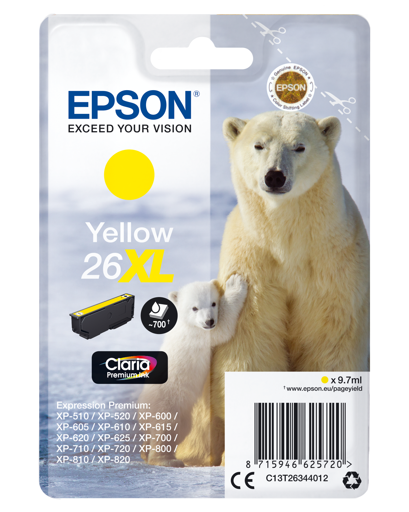26XL Polar bear Claria Premium Single Yellow Ink