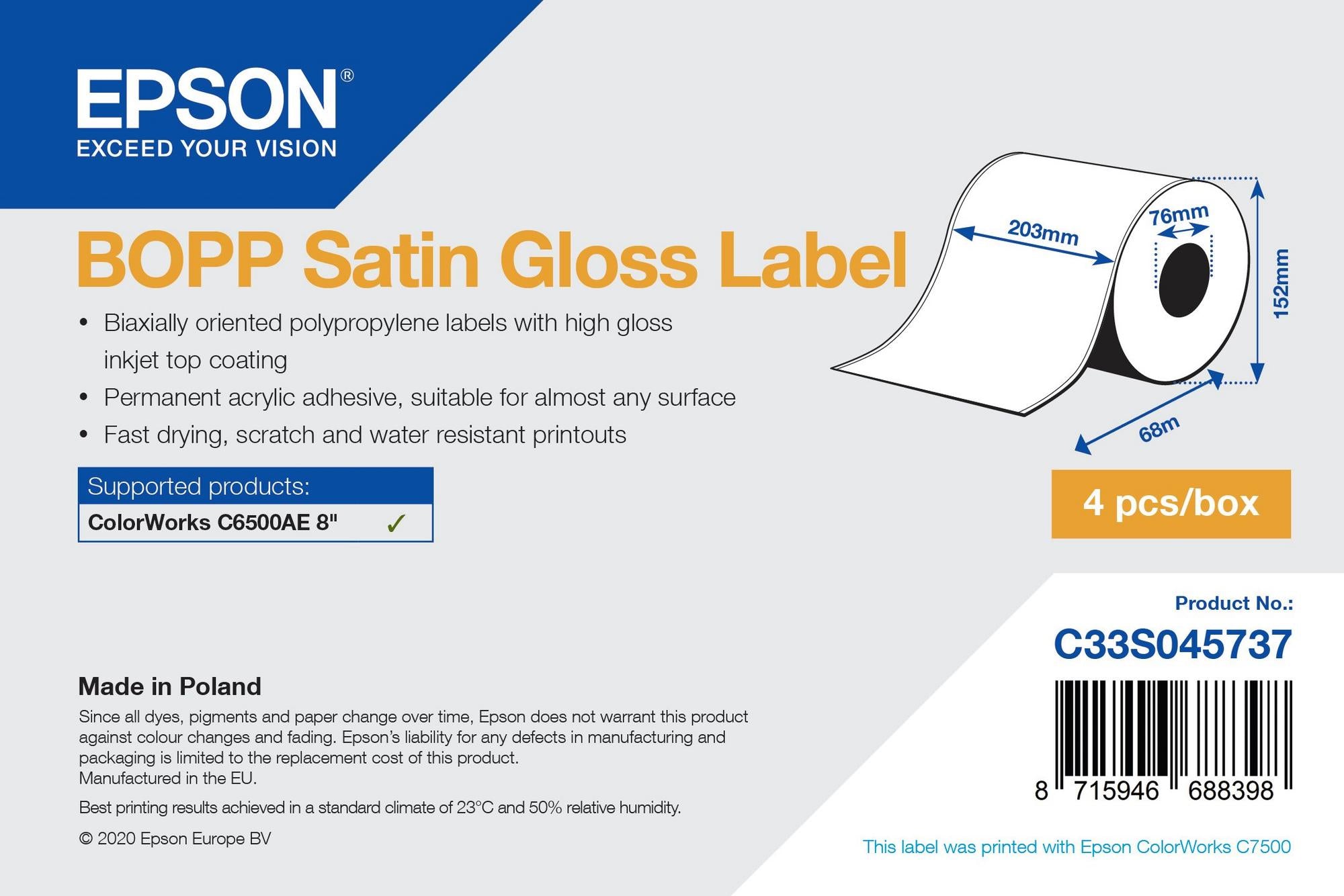 Epson BOPP Satin Gloss Label - Continuous Roll: 203mm x 68m