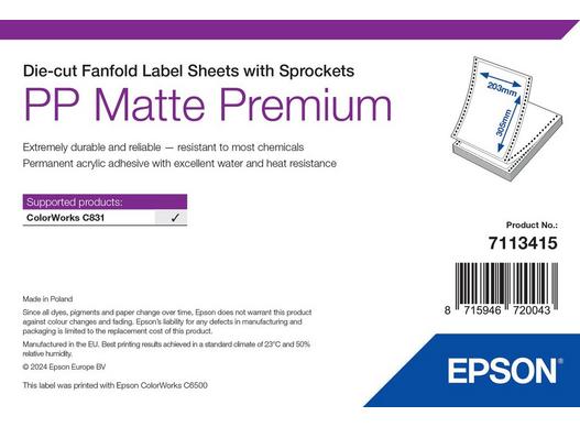 Epson PP Matte Label Premium, Die-cut Fanfold Sheets with Sprockets, 203mm x 305mm, 500 Labels