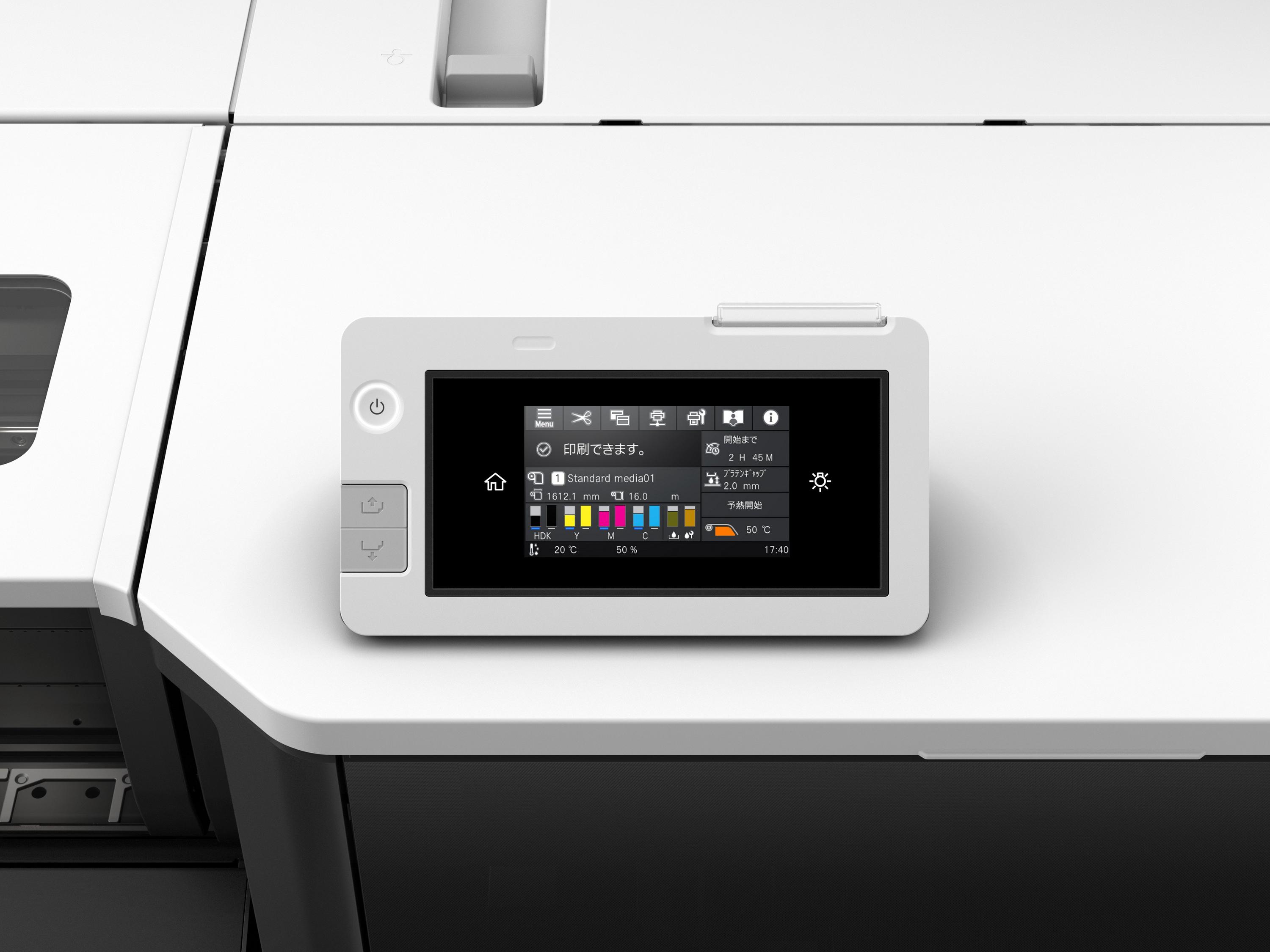 Control panel of the Epson SC-F9500H dye-sublimation printer with touchscreen display and colorful settings.