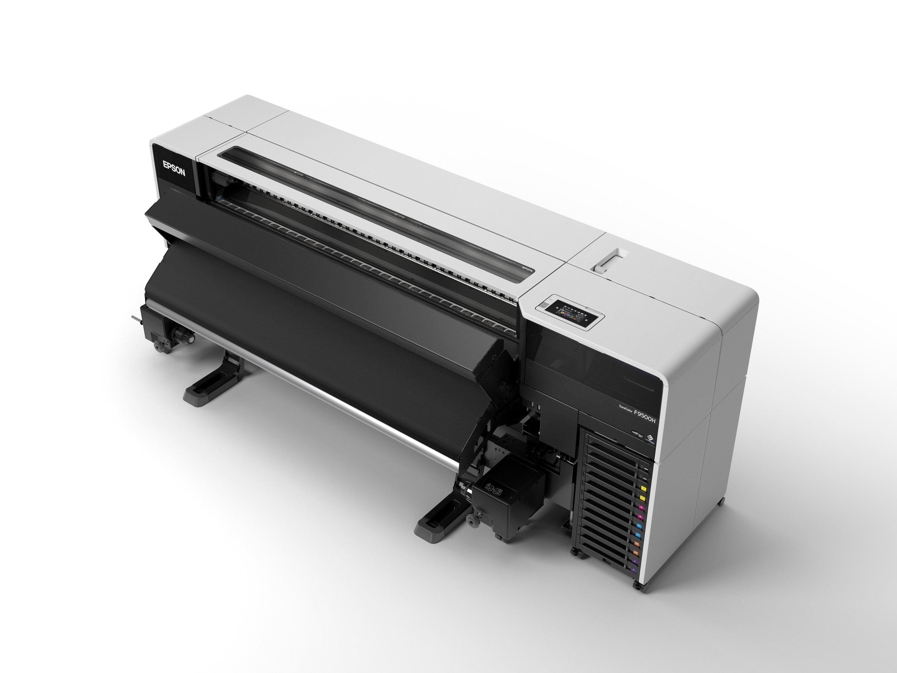 Epson SC-F9500H dye-sublimation printer showing top view with features and ink compartments visible.