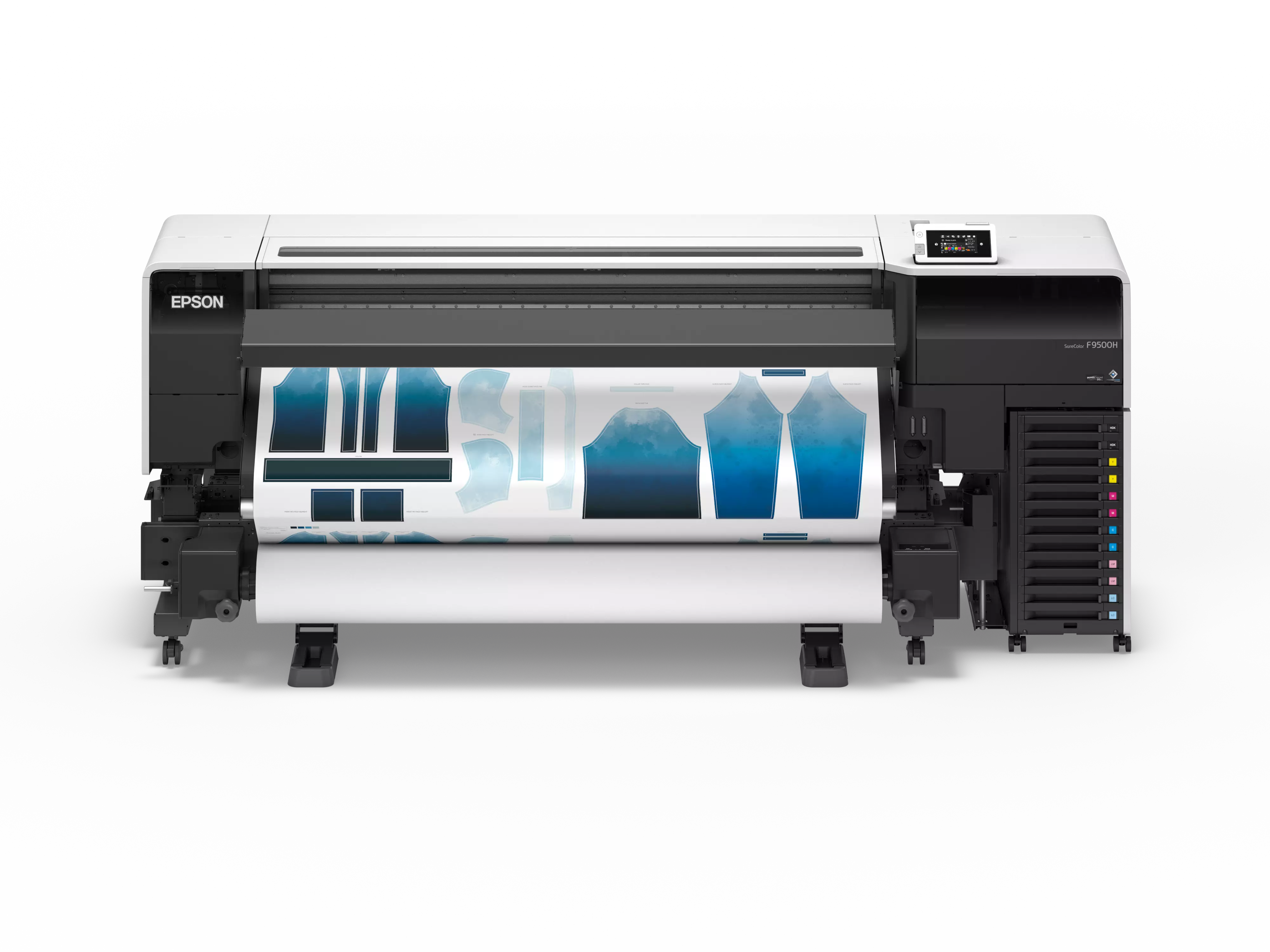 Epson SC-F9500H dye-sublimation printer printing high-quality designs on fabric.