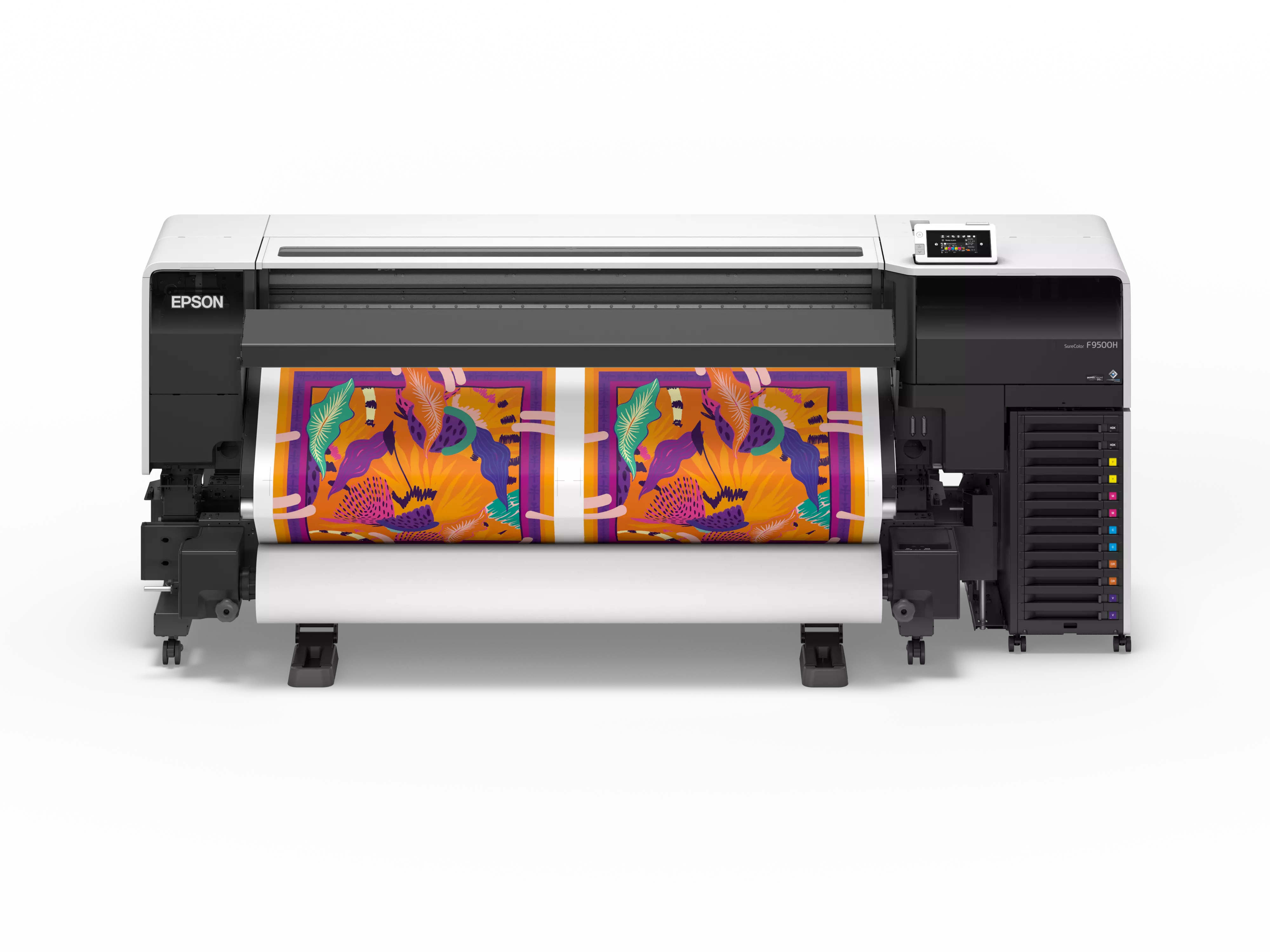 Epson SC-F9500H dye-sublimation printer with vibrant printed graphics on paper.