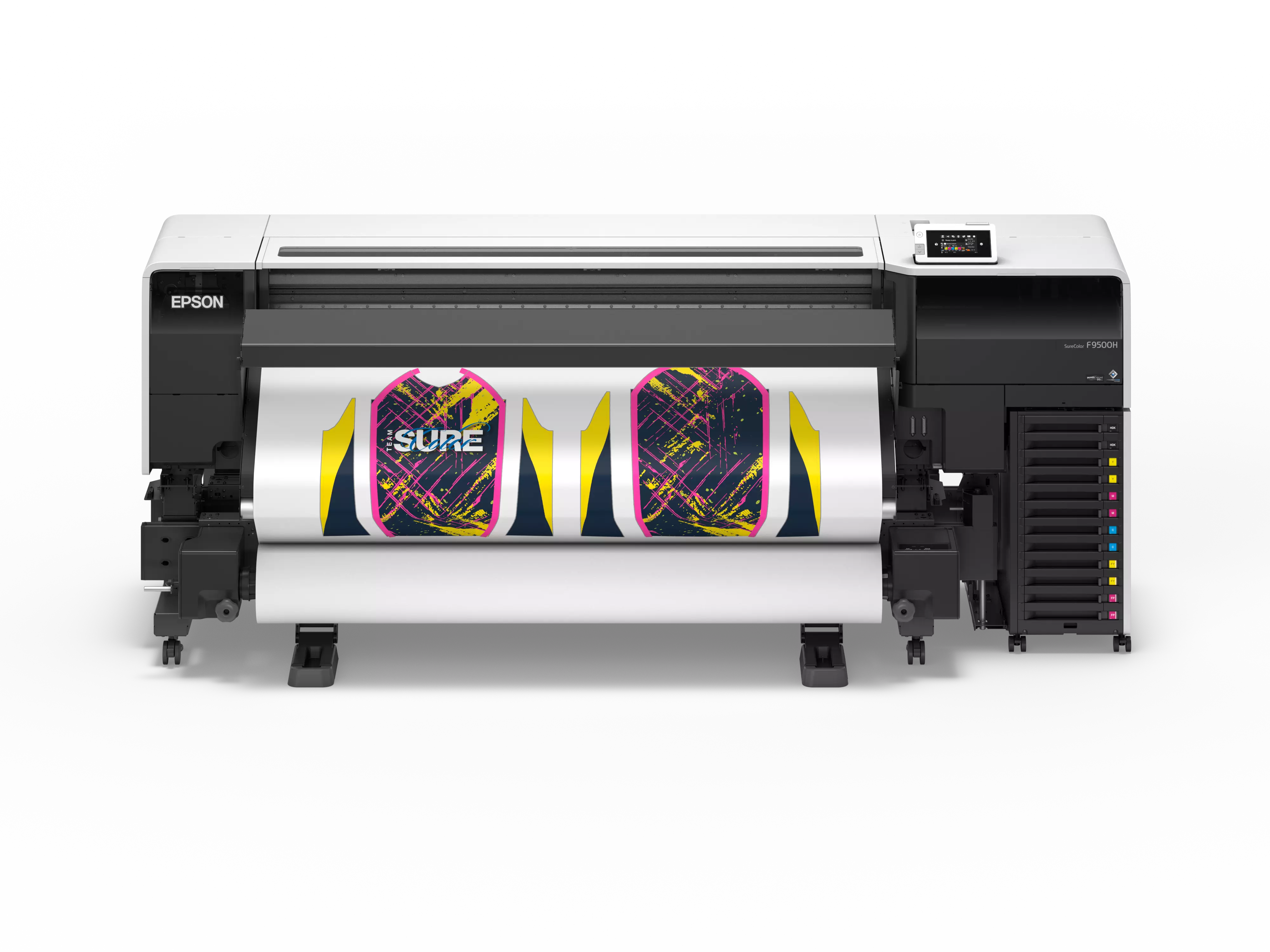 Epson SC-F9500H dye-sublimation printer printing vibrant graphics on a roll of material.