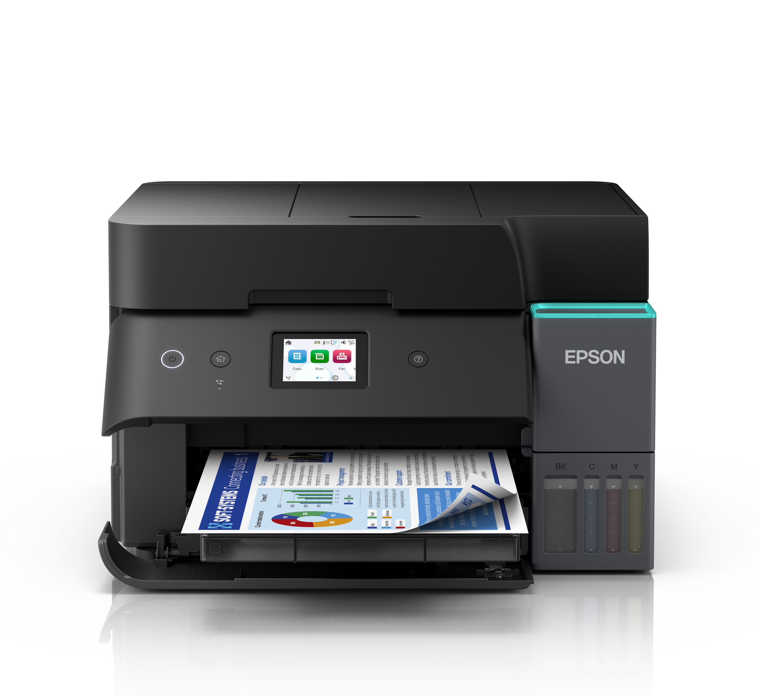 Epson EcoTank L6390 printer with touchscreen and printout in front on a white background.