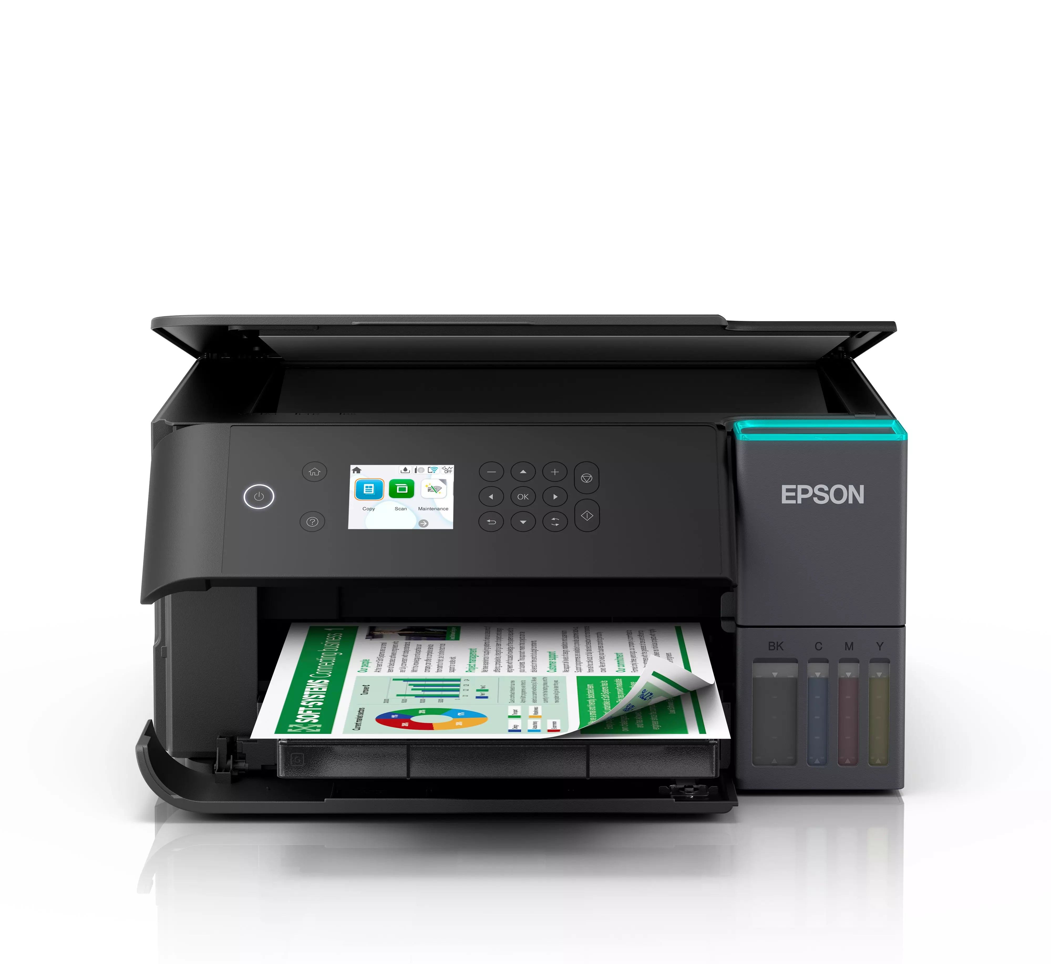 Epson EcoTank L6360 inkjet printer with display and ink tanks showing
