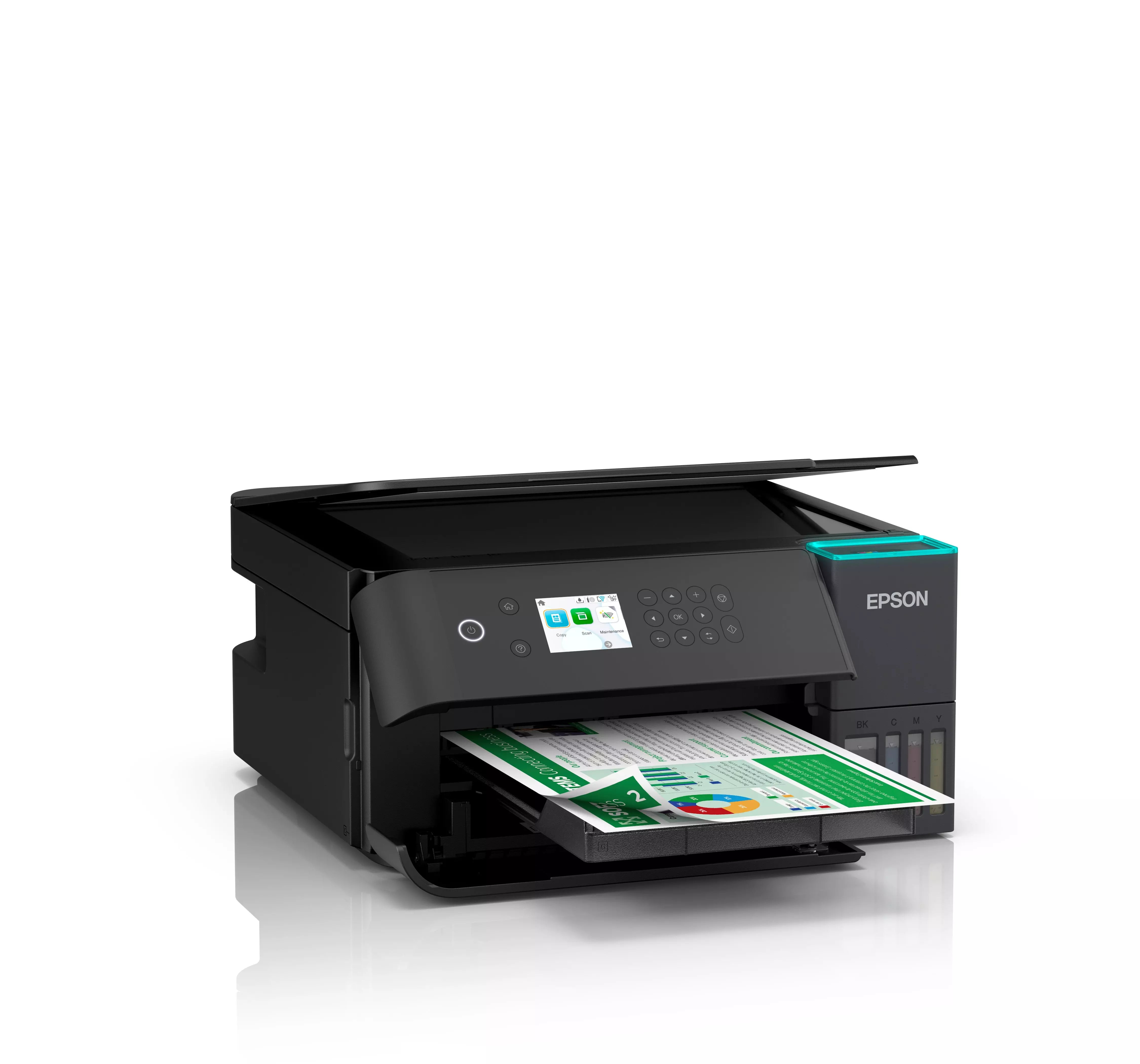 Epson EcoTank L6360 inkjet printer displaying printed materials.