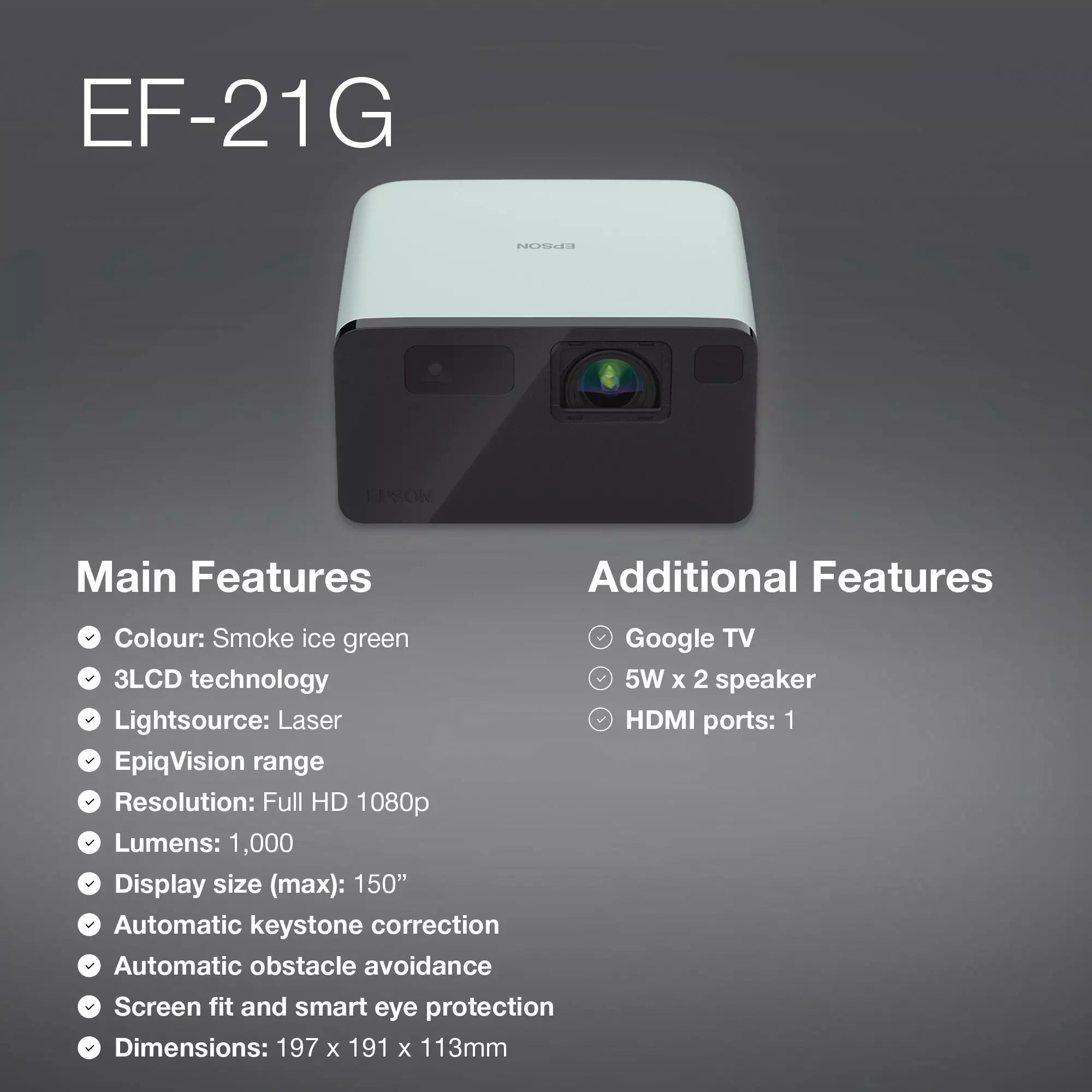 Epson EF-21G, Mini Laser Projector, 1000 Lumens, Up To 150 Inch Display, Google TV™ and Bluetooth Speaker, Portable