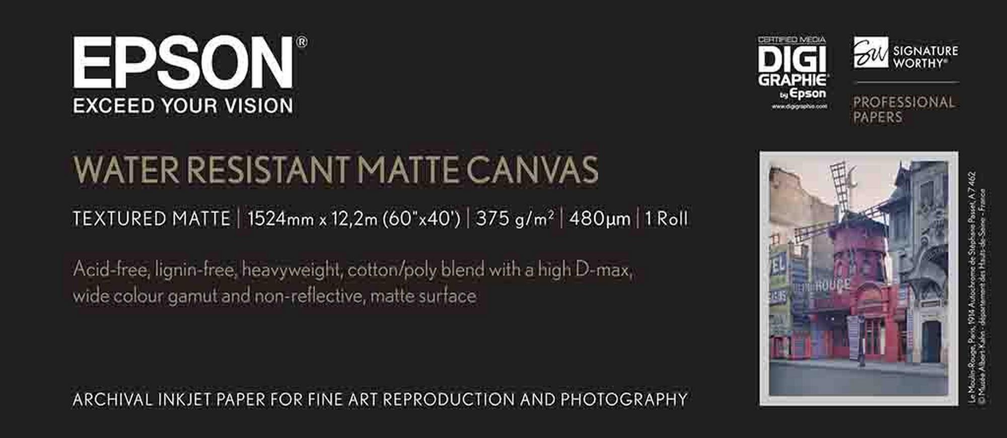Epson Water Resistant Matte Canvas Roll, 60" x 12.2m, 375g/m²