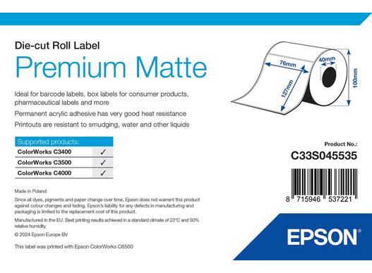 Epson Premium Matte Label - Die-cut Roll: 76mm x 127mm, 265 labels