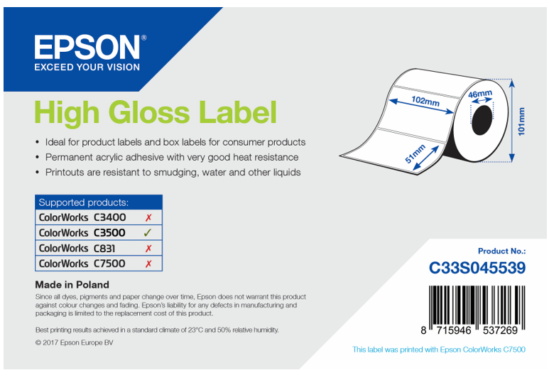 Epson High Gloss Label - Die-cut Roll: 102mm x 51mm, 610 labels