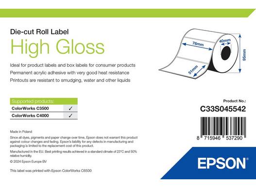 Epson High Gloss Label - Die-cut Roll: 76mm x 51mm, 610 labels