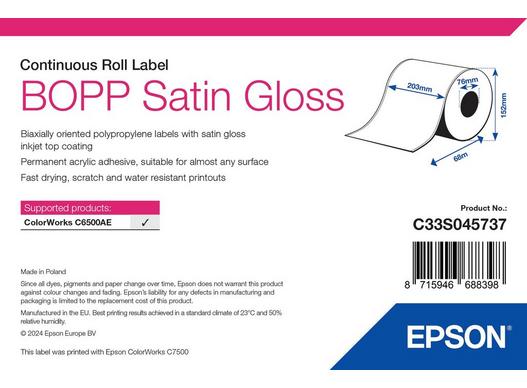 Epson BOPP Satin Gloss Label - Continuous Roll: 203mm x 68m