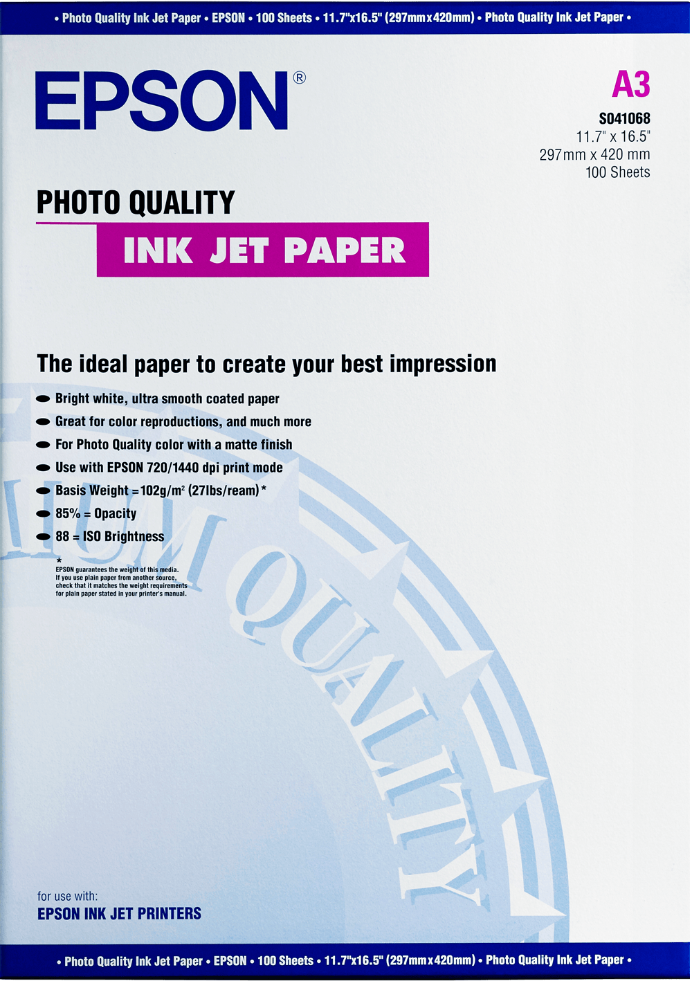 Epson C13S041069 Photo Quality Ink Jet Paper. The ideal paper to create your best impression